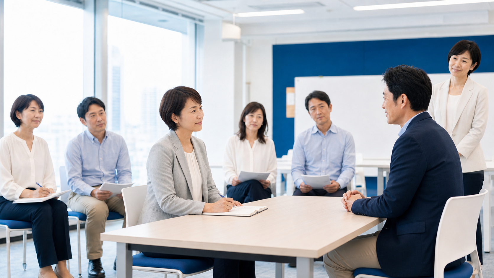 会議用テーブルを挟んで向き合い、キャリア相談の面談練習を行う参加者